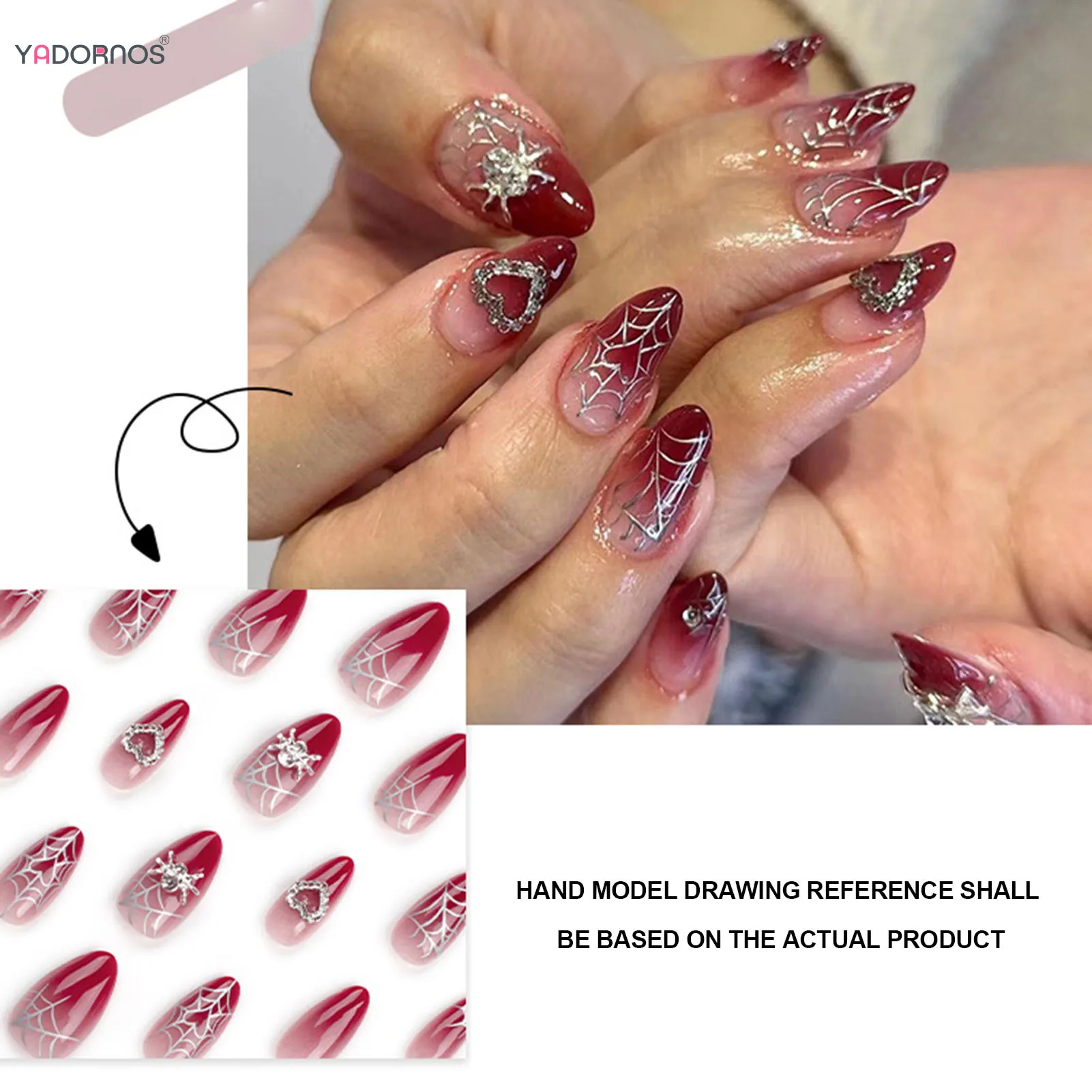 24pcs Glossy Almond Fake Nail Gradient Red False Nail with Heart Spider Rhinestone Decor Wearable Spice Girls Press on Nails