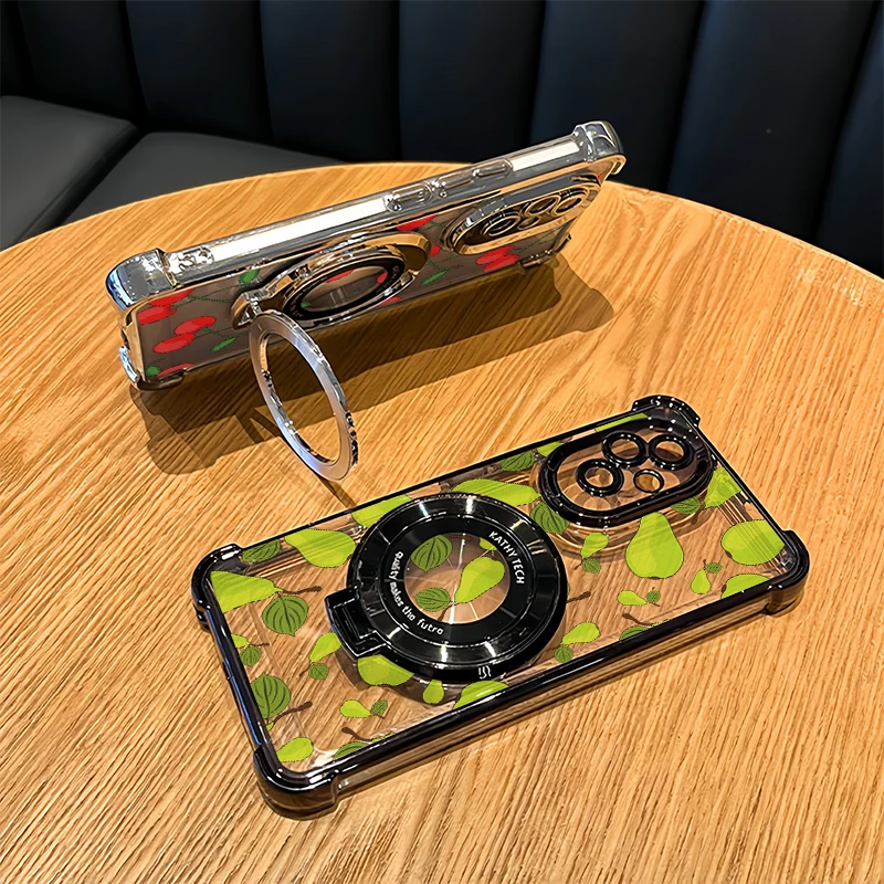 Plating Clear Phone Case For Motorola Edge 60 50 70 Fusion Moto G60 G40 G24 G77 G06 Shockproof Bracket Cherry Pear Print Cover view 2