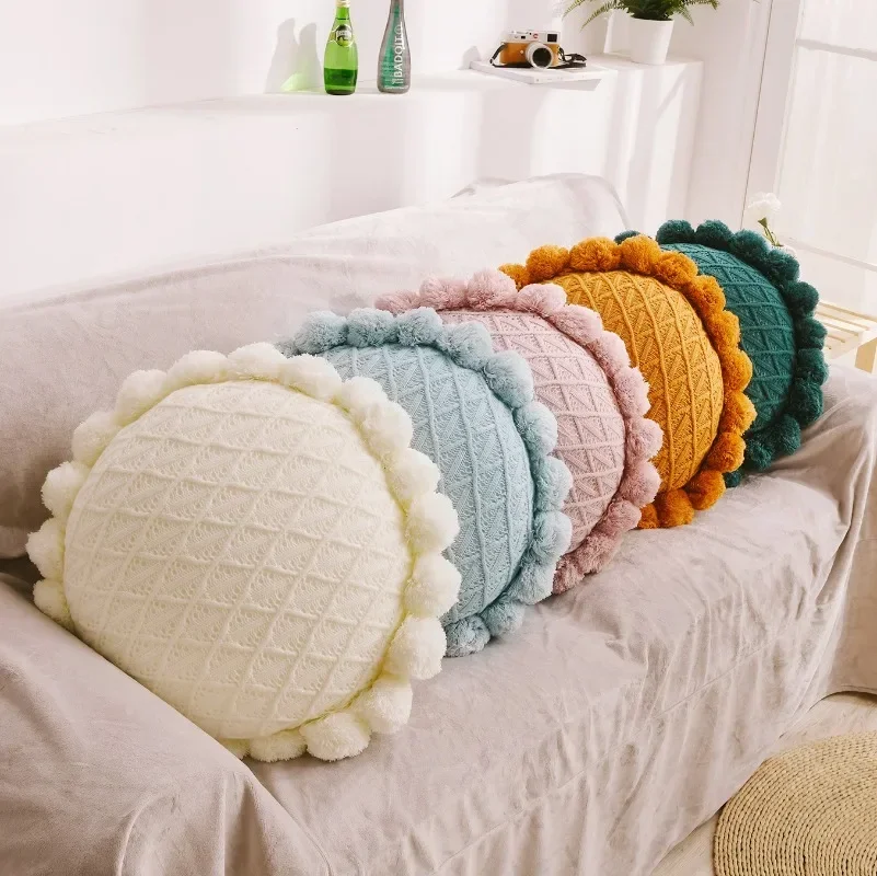 Cute Pompom Tassel Round Cushion, Nordic Home Decor, Decorative Pillow for Bed, Sofa, Fluffy Knitted Chair, Car Throw 