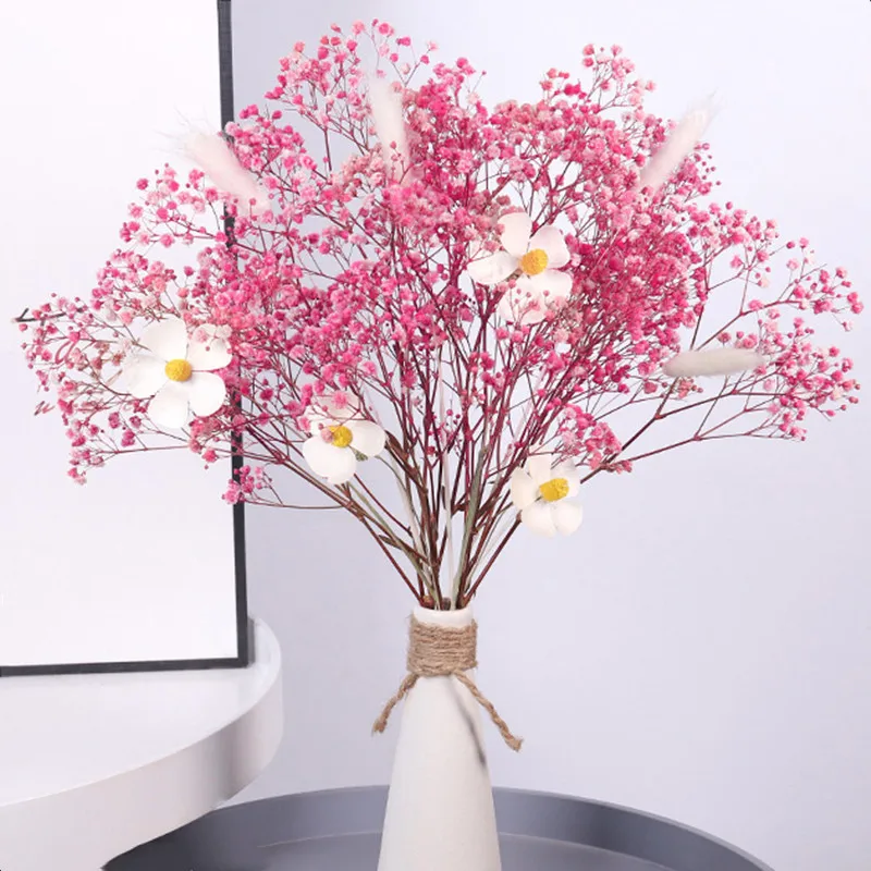 

80g Real Gypsophila+5Pcs Bunny tail +5pcs Handmade Flowers Babys-Breath-Flowers-Bouquet DIY Home Party Decor Table Vase