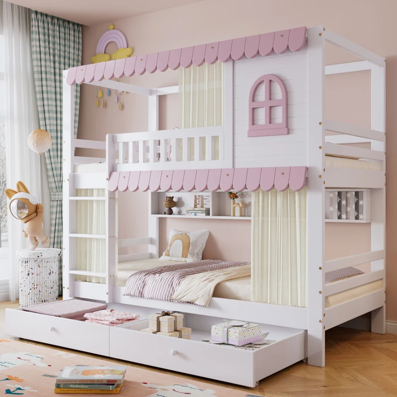Lit superposé, lit enfant avec fenêtres et rideaux, avec barrière de sécurité, étagère ouverte, garde-corps stable, deux tiroirs avec roulettes, grand espace de rangement, pin+MDF, blanc+rose, 90x200cm
