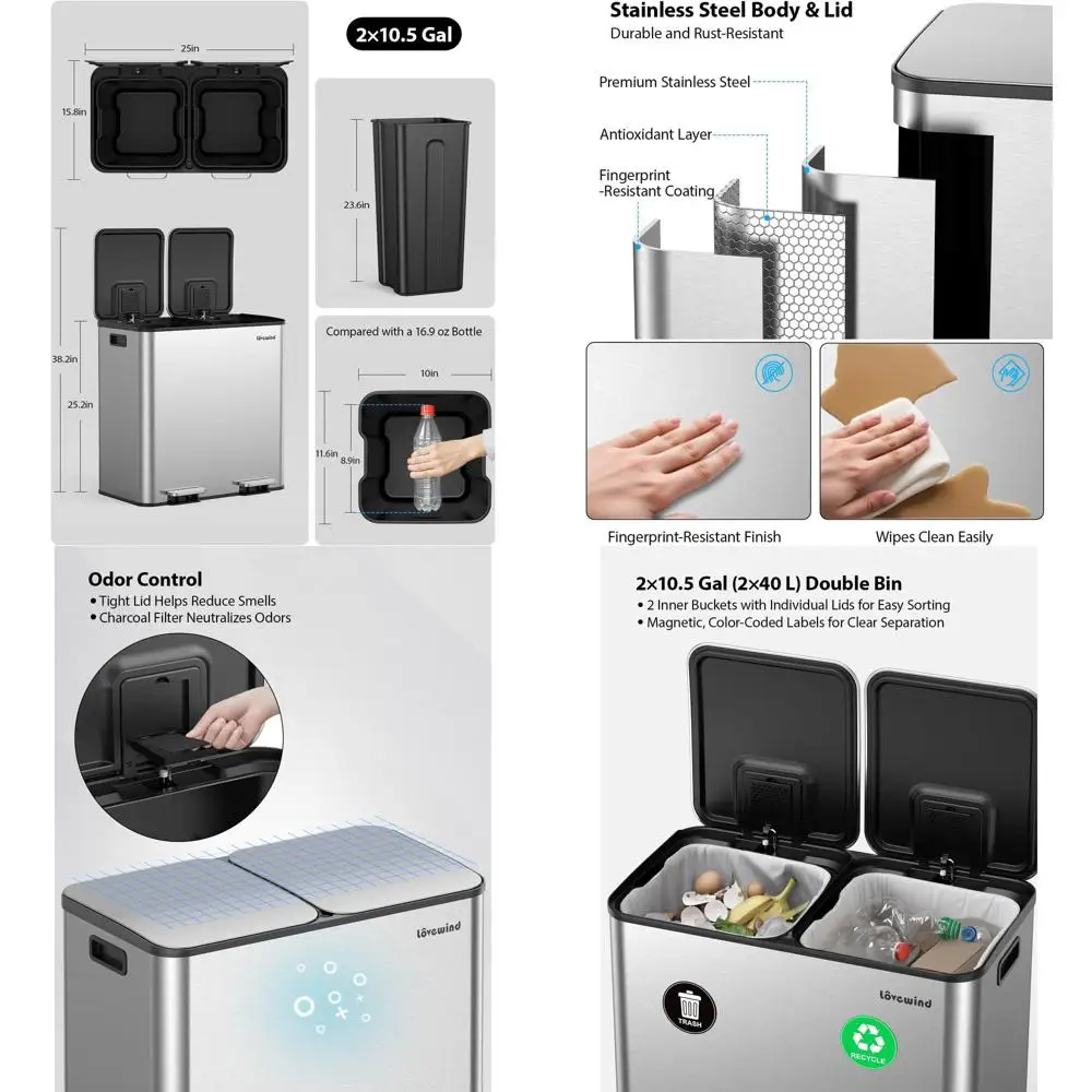 

Корзина для мусора и переработки из нержавеющей стали с двумя отделениями, 2 x 10,5 галлонов, крышка с мягким закрыванием, серебристая