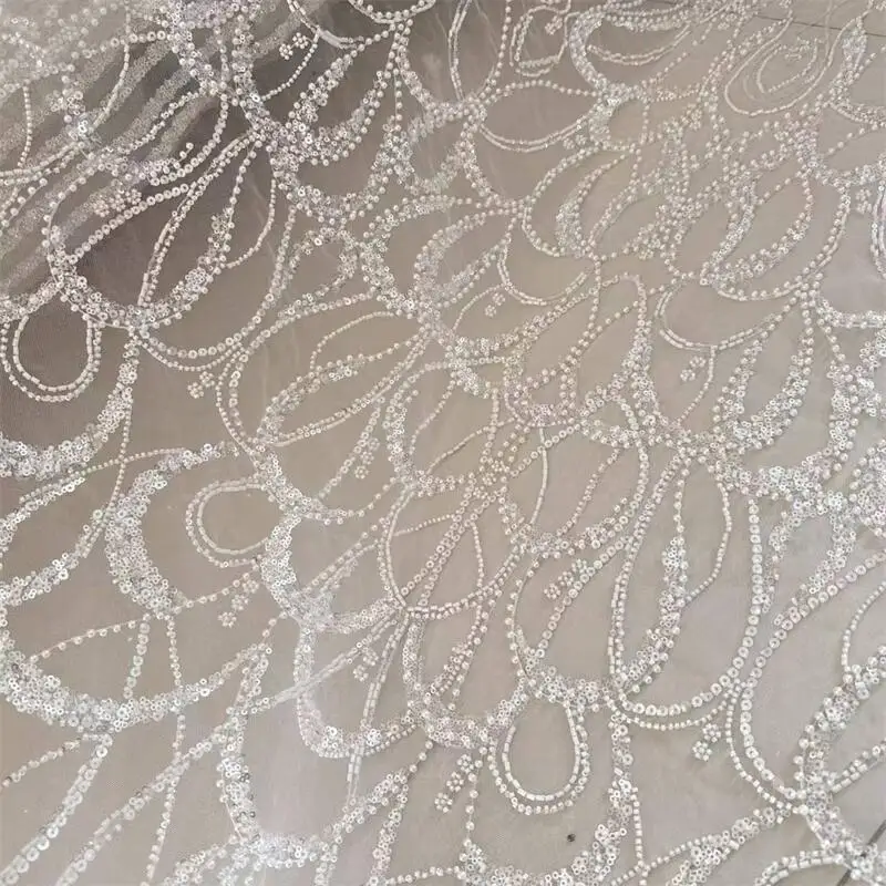 Perlen-Pailletten-Kronen-Gitter-Spitzenstoff, hochwertig, luxuriöses Abendkleid, französische Spitzenstoffe zum Nähen, Meterware – Detail 2