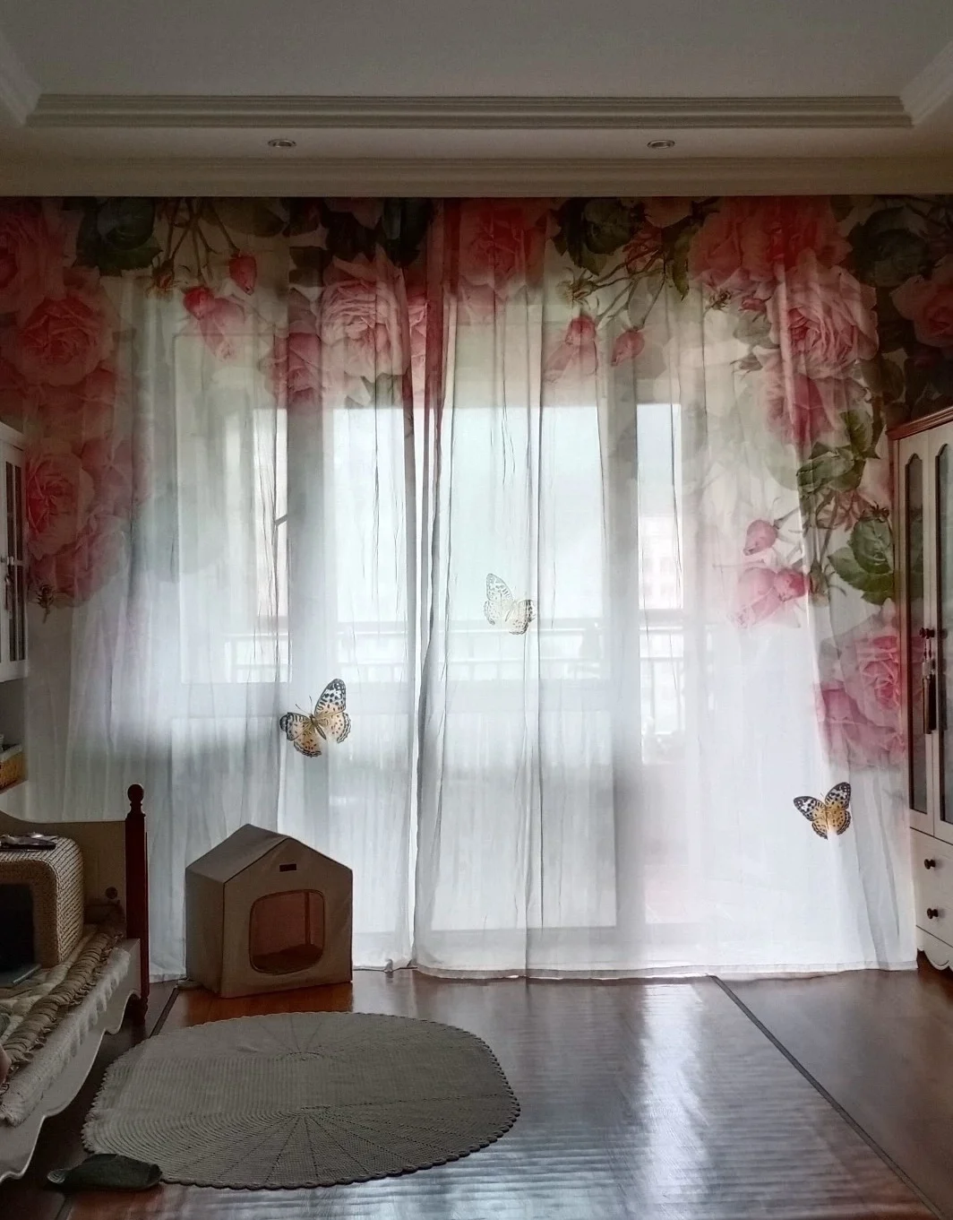 Pink Flower Curtain Green Plant Pastoral Decor Sheer Screen Curtain Living Room Bedroom Floor-to-ceiling Window Voile cortinas