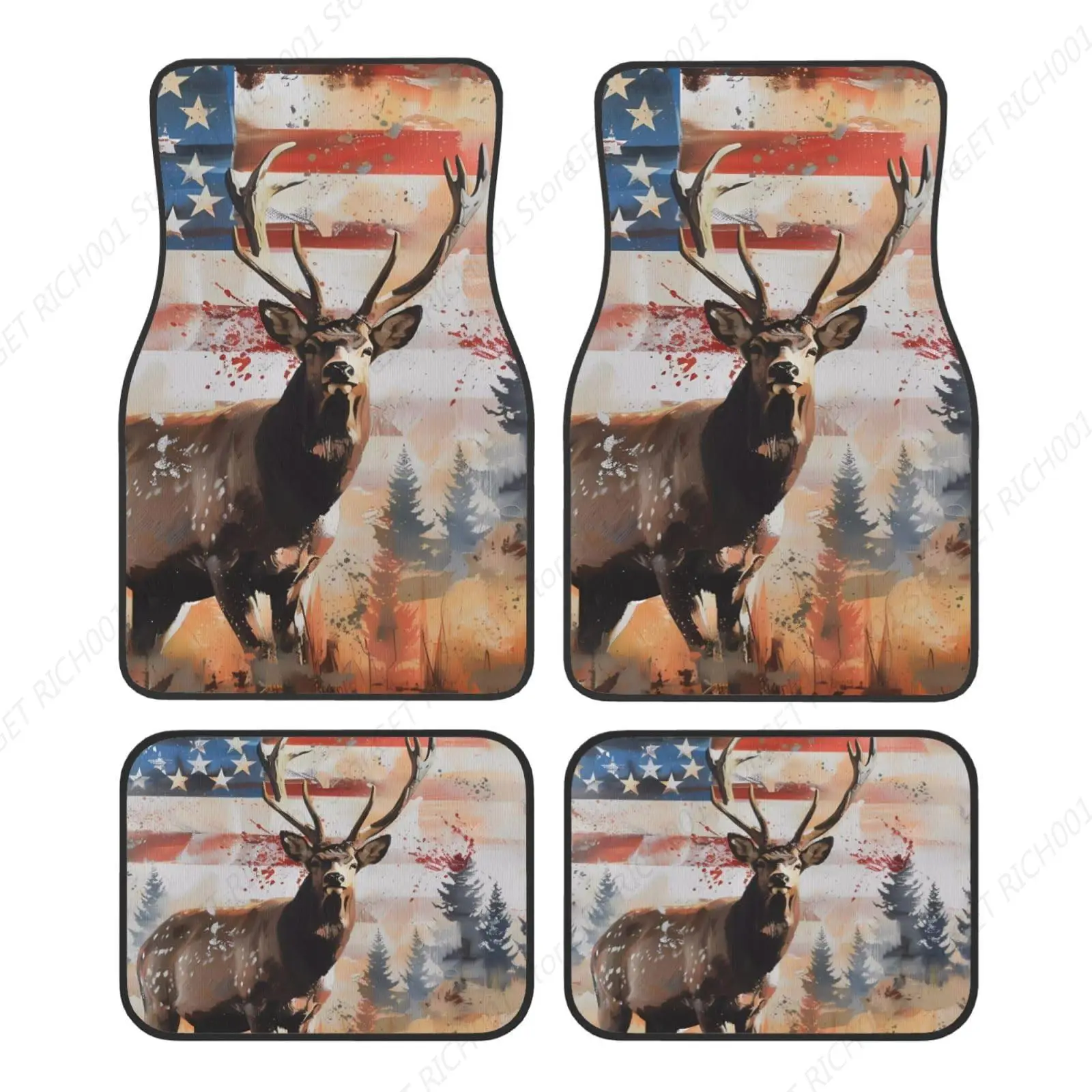 Oil Painting American Flag Deer Carpet Floor Mats For Cars Front Rear Car Floor Mats Funny Car Floor Foot Mat Sets Of 4 Pieces