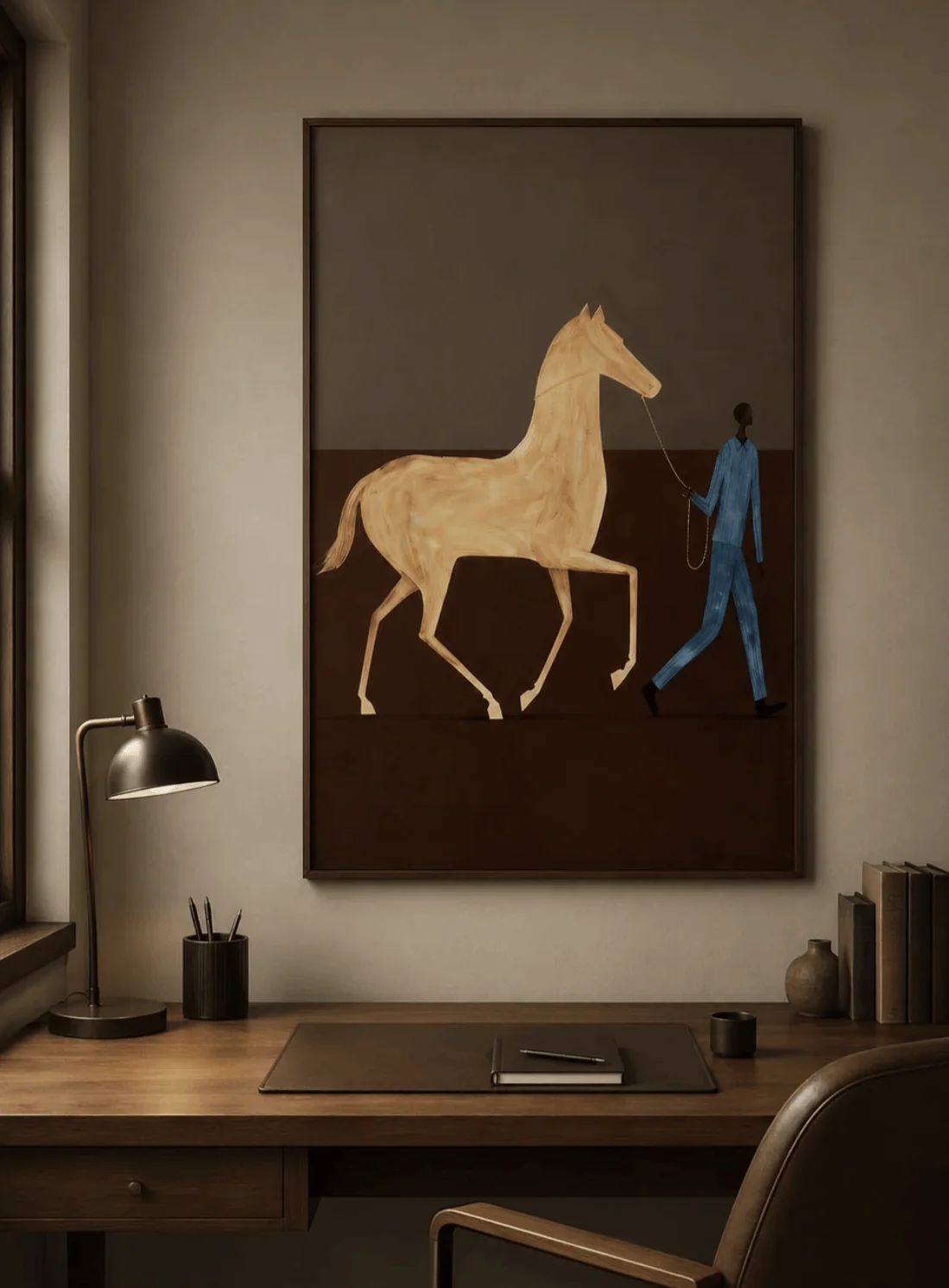 Abstract Man Leading Horse Wall Art Canvas Prints, Figurative Posters, Earth Tone Decor for Living Room Bedroom Study Decor