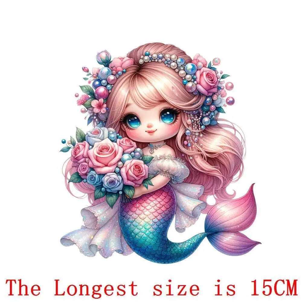 ملصق نقل الحرارة لحورية البحر للزهور للأطفال ، يزين حراري ، ملصق تيشيرت قابل للغسل ، مكواة ، وردي ، فينيل ، لطيف ، 15