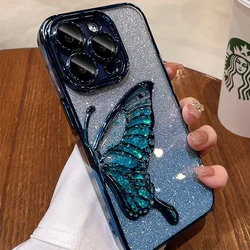 Luxury Plating Bumper Flash Glitter Butterfly Phone Case for IPhone 16 15 14 Pro Max Plus 5G Lens Shockproof Protect Back Cover