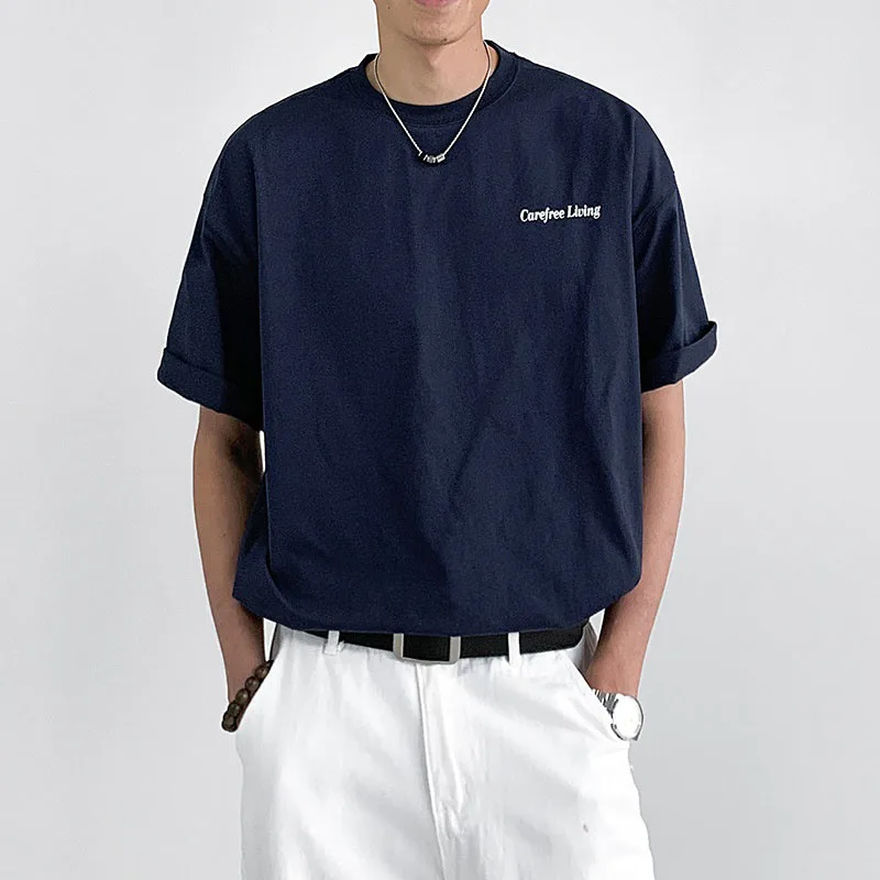 Summer New Japanese Style Basic Printed T-shirt Men's Versatile Casual Vacation Round Neck Short Sleeve  Retro T-shirt Elegant