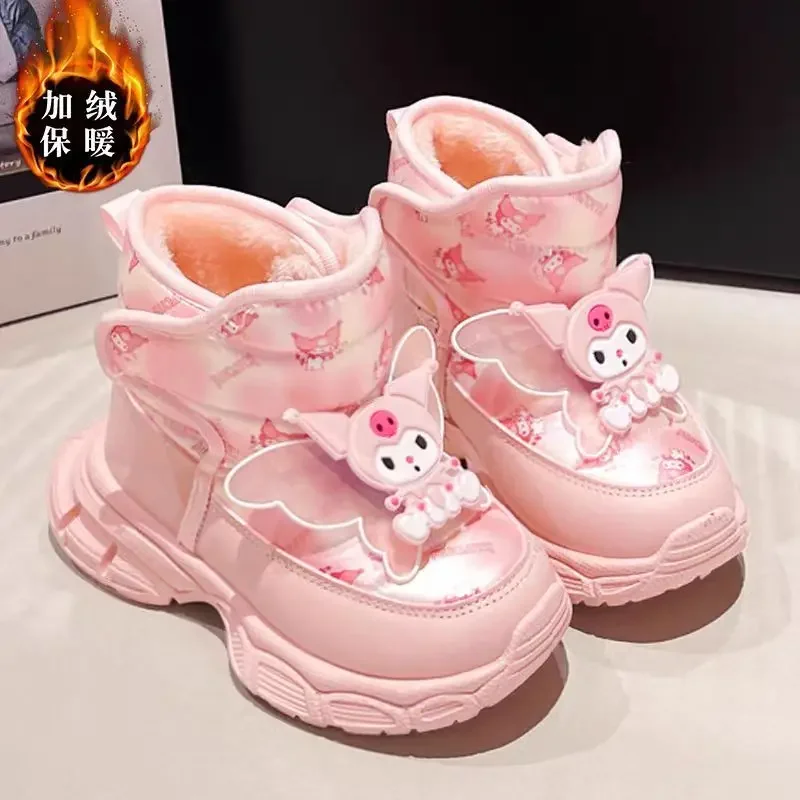 

Хлопковые сапоги Kuromi для девочек Sanrios, новые зимние аниме Kawaii, бархатные водонепроницаемые непромокаемые нескользящие утепленные короткие сапоги с героями мультфильмов