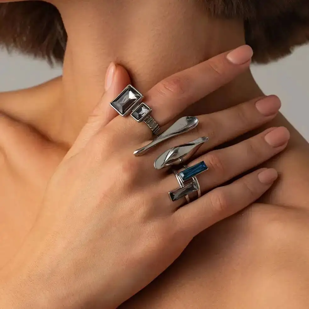 SHIXIN 3 Pcs/set Classic Geometric Glass Drill Open Rings for Women Vintage Punk Silver Color Ring Party Jewelry Birthday Gifts