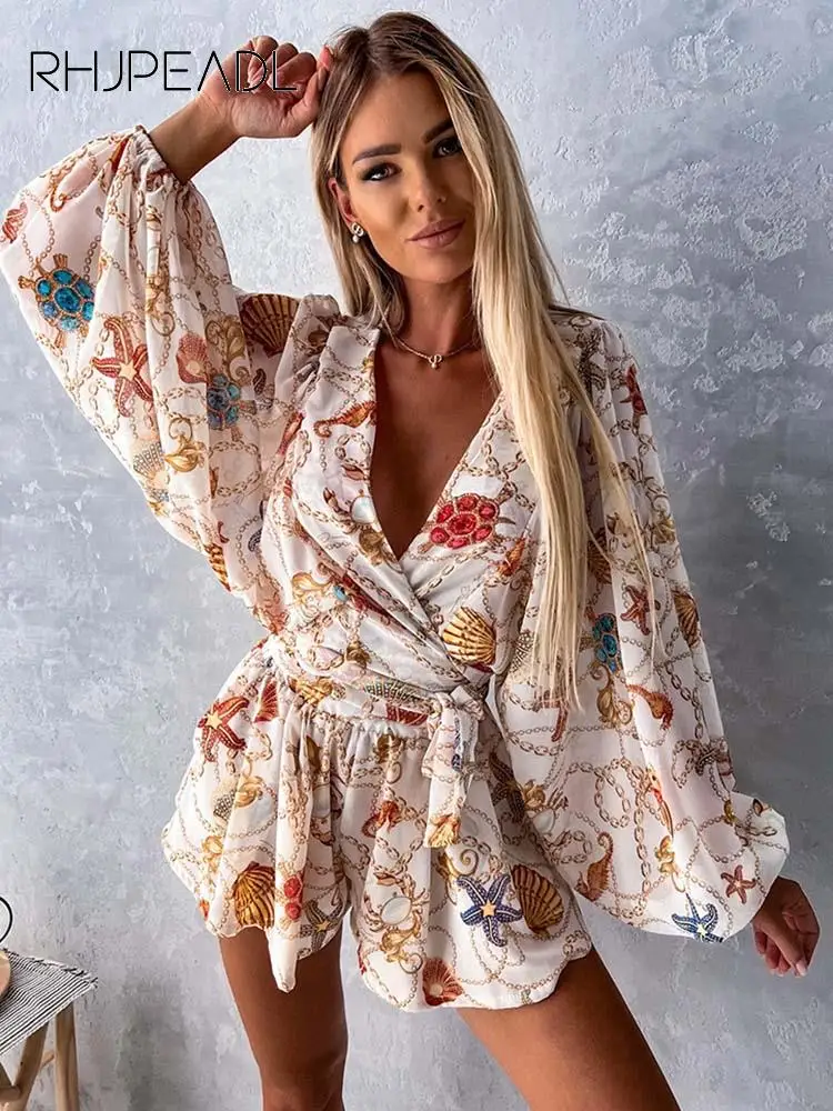 

Sexy Deep V Neck Jumpsuit For Women Summer Casual Boho Beach Vacation Outfit Fashion Print Lantern Sleeve Rompers Shorts Women's