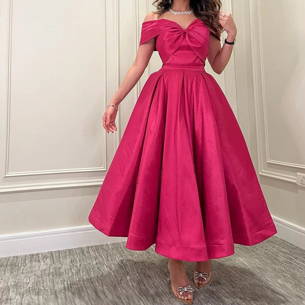 

Graceful Bow A-Line Off the Shoulder Solid Color Satin Evening Dresses Saudi Arabia Ankle Length V-Neck Sleeveless Pleats Gowns