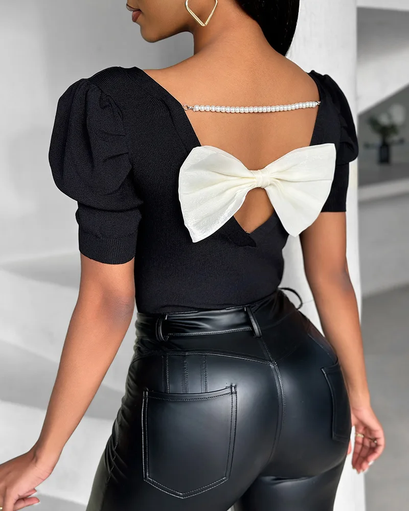 Fashion Top Woman Summer 2024 New Versatile Casual Bow Tie Short Sleeved Back Solid Color Y2k T-shirt for Female Streetwear