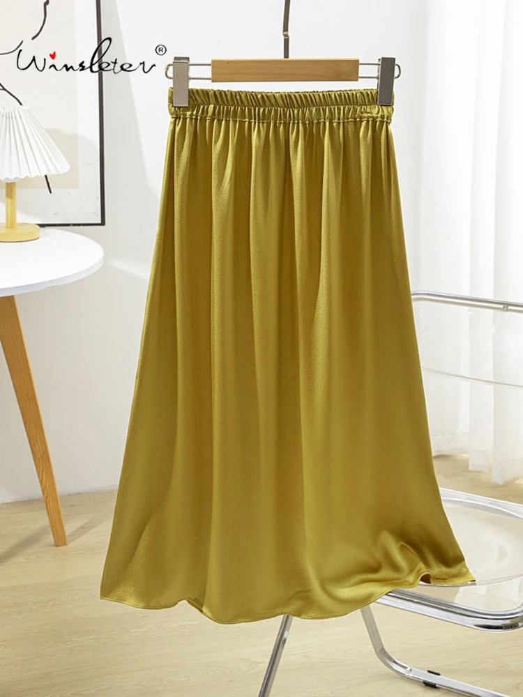 Winsleter, 93%Natural Silk Elegant Skirts, Women Elastic Waist Solid, Loose Versatile Commute Skirt, 2024 Summer Fall B48404QC