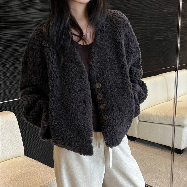 Women Thick Faux Fur Jacket Short Coat Single Breasted Long Sleeve Jackets V Neck Warm Casual Regular Furry Coats Winter