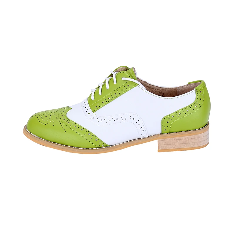 Women\'s Shoes Green White Genuine Leather Shoes Women\'s Custom Handmade Oxford Shoes Flat Heeled Women\'s Footwear