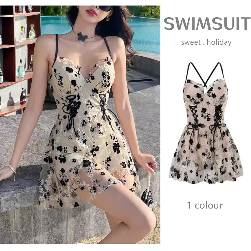 

Classic Flower Swimwear for Women Summer Korea Sexy One Piece Conservative Dress Swimsuit Girls Lace Perspective Beachwear