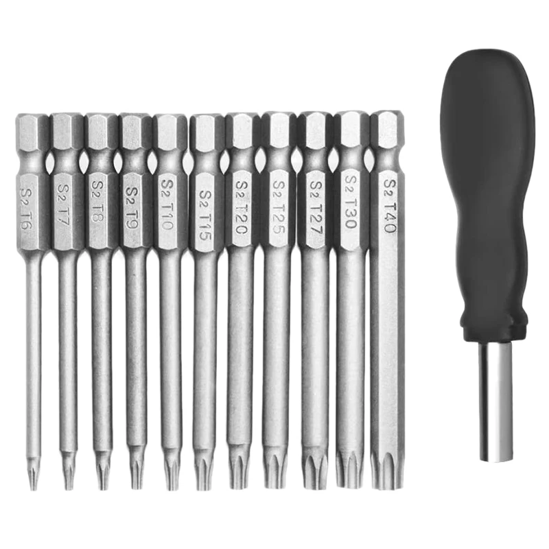 11 Pack 75mm Torx Head Screwdriver Bit Set 1/4 Inch Hex Shank T6-T40 Star Screwdriver Tool Kit with 1 Pack Handle