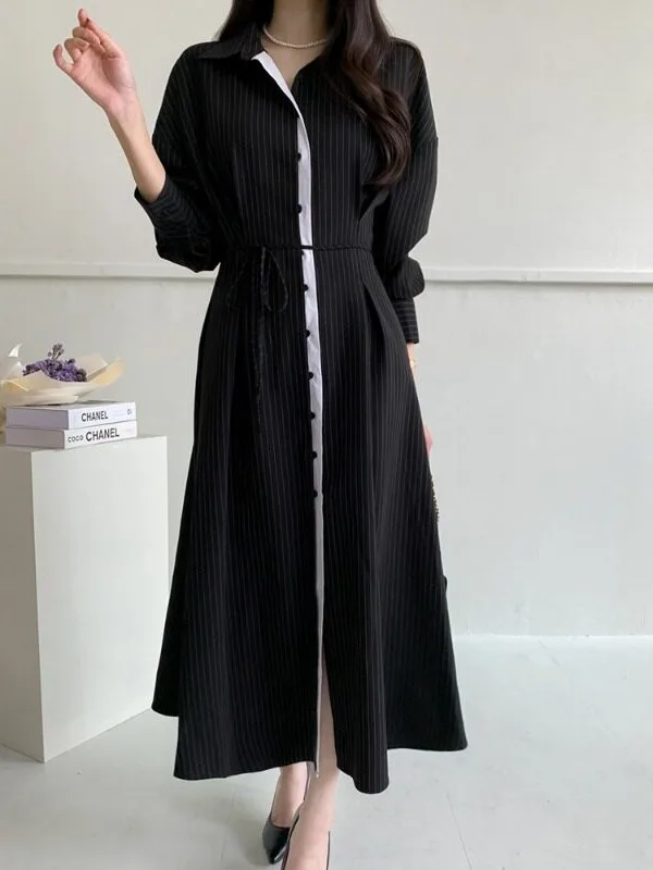 Retro Striped Long Black Dress Women's Korean Style Waist-Cinching Slimming Elegant Belted Maturity Atmosphere Dress