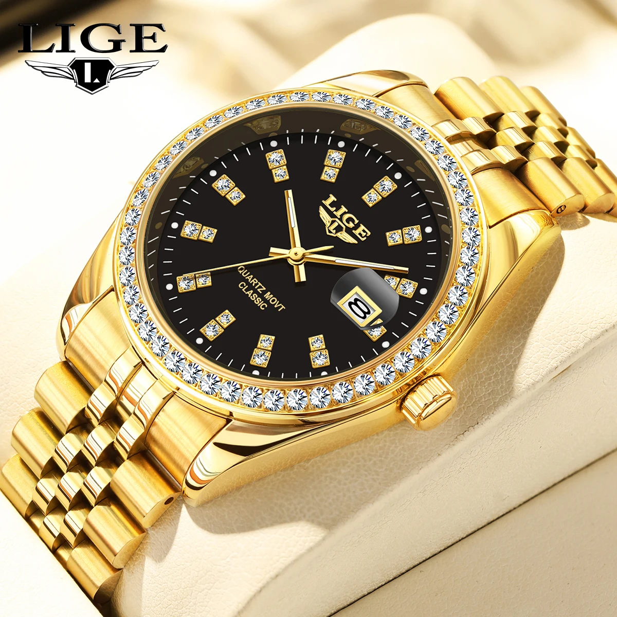 LIGE Man Watch New Fashion Sport Waterproof Simple Golden Mens Watches Quartz Clock Stainless Stap Sport Waterproof Watch+Box