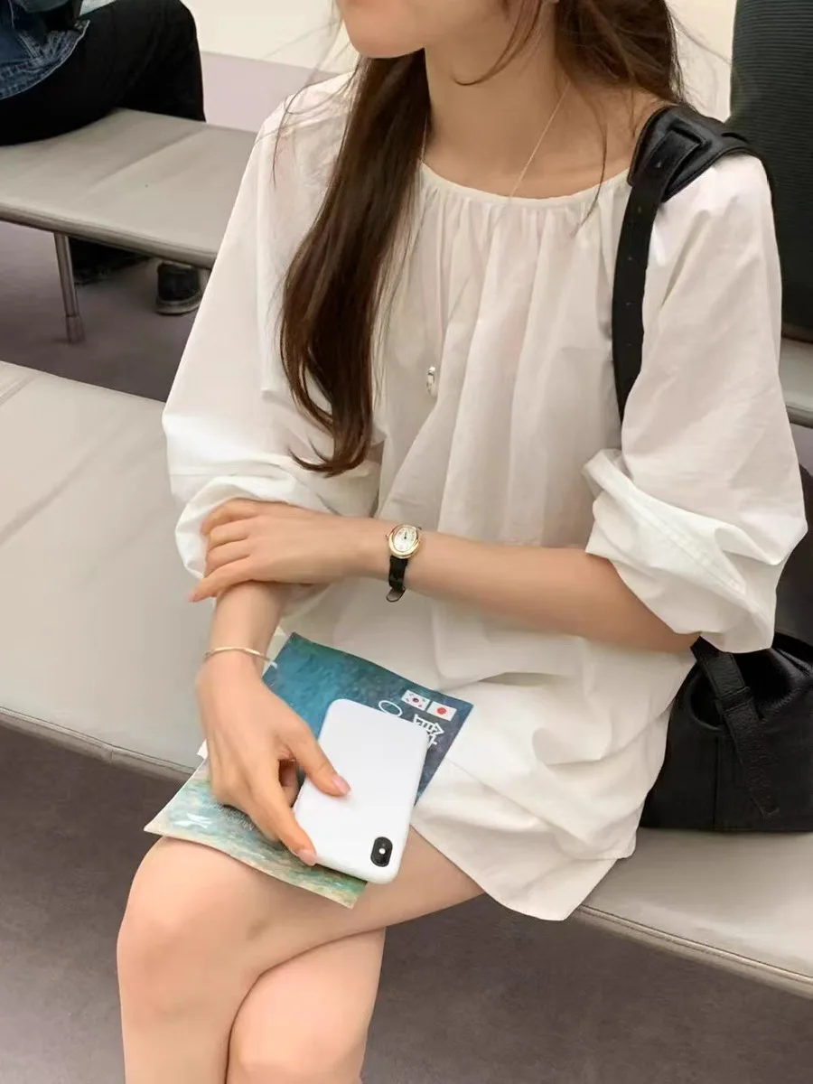 

2025 Summer New Dongdaemun Ouce Korean Sle Bal Sun Protection Long Sve irt Women's Top Loose Fit Pure Cotton