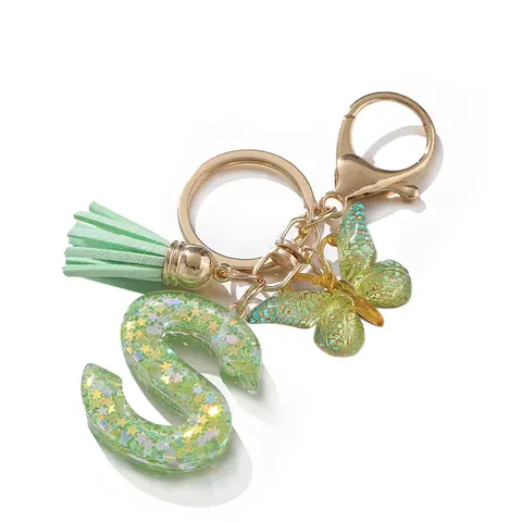 1pc Cute Color Initial Letter A-Z Resin Green Butterfly Lobster Key Ring Key Chains DIY Crafts Jewelry Making Gifts