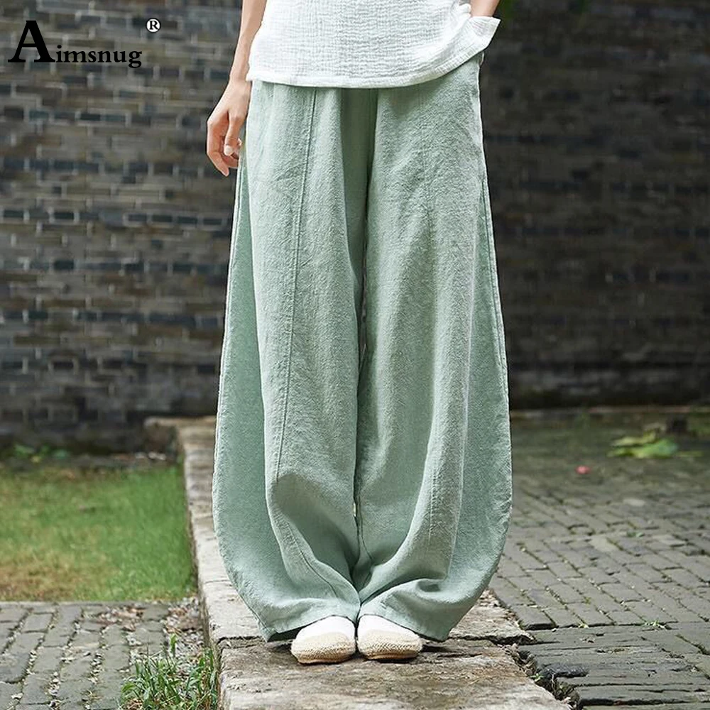 Cotton Linen Bloomers Wide Leg Pants  Large Big 5XLWomen Vintage Full Length Fashion Elegent Pants Solid Elasitic Waist Trousers