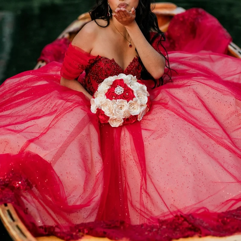 Red Glitter Crystal Sequined Quinceanera Dresses Ball Gown Off The Shoulder Applique Lace Beading Tull Corset Vestidos De XV Año