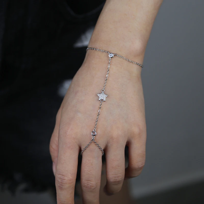 New Elegant Five-pointed Star Pendant Link Chain Ring Bracelets for Women Paved Cubic Zircon Gold Platinum Color Fashion Jewelry