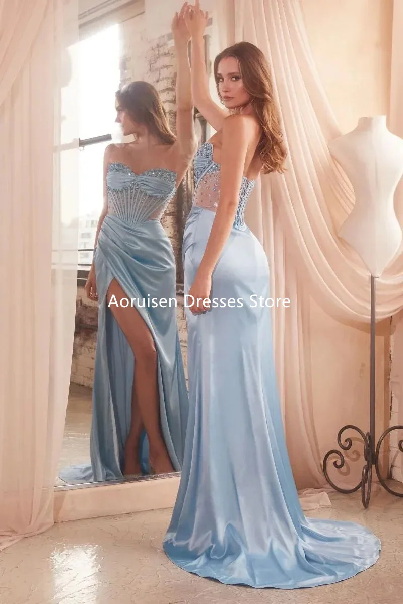 Exquisite Strapless Satin Corset Prom Dress with Slit Beadings Formal Wear Floor-Length Outdoor Party Wedding Guest Ball Gowns