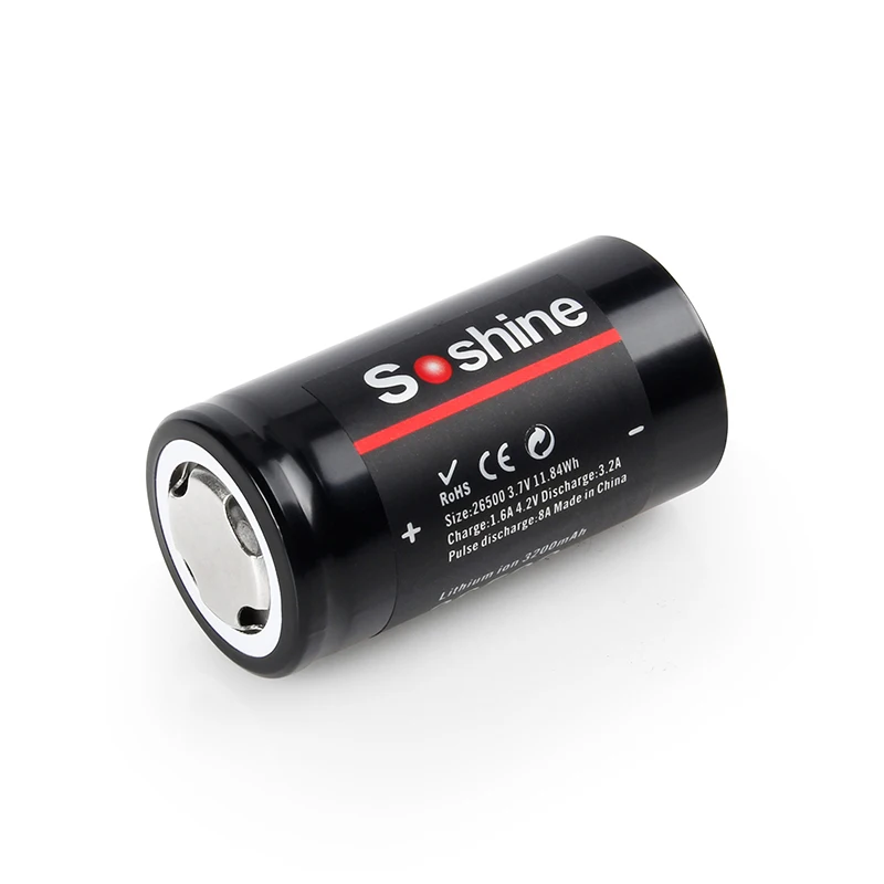 2pcs/lot original Soshine 3.7V 3200mAh 26500 Rechargeable battery Li-ion Batteries Cell hot sell  Optional charger