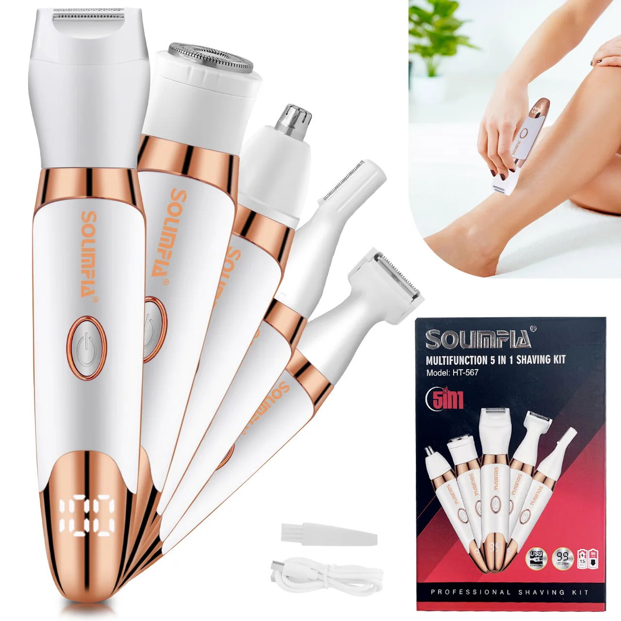 Solimpia 5-in-1 Electric Hair Removal Device Rechargeable Body Nose Hair Trimmer Eyebrow Grooming Kit for Woman