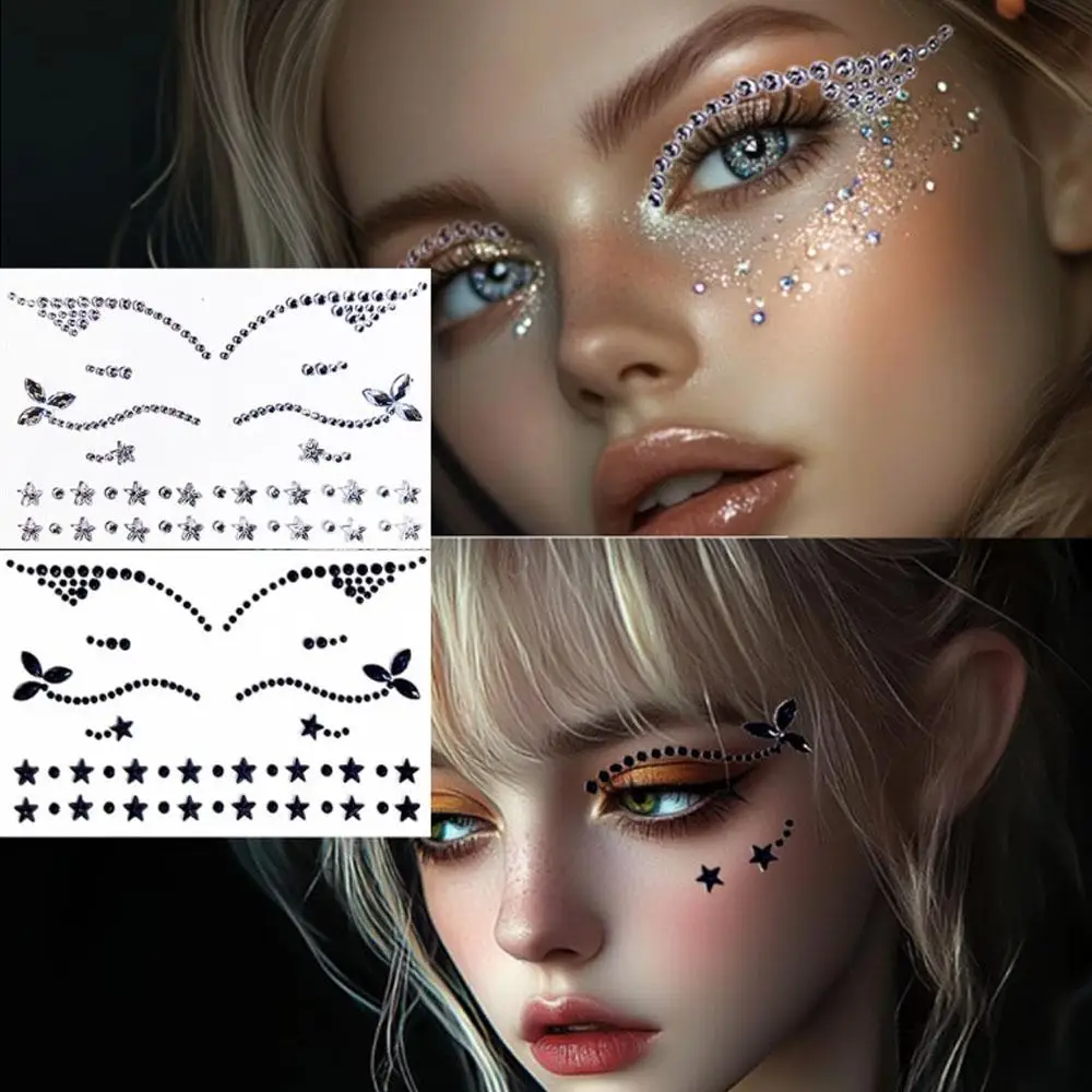 2Sheets Eyeliner Gems Festival Face Jewels Tattoo Sticker Body Glitter Crystal Sticker For Men Women Kid Halloween Prank Makeup