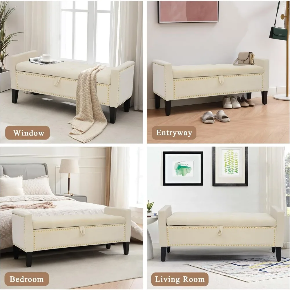 مسند تخزين حديث بأذرع، مقعد معنقدة بزر منجد مقاس 45 بوصة لنهاية السرير، أثاث غرفة المعيشة مع نعل تخزين #6