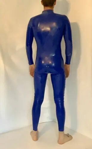 100%Gummi Catsuit Latex Cosplay Rubber Club Bodysuit Navy Bau Zentai Kostรผm0,4mm