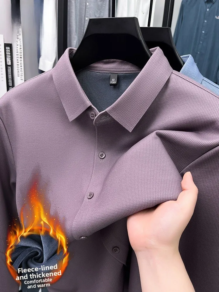 

Rn Men's Long Sve Fce Lined Thiened irt Busin Faion Pure Color Large Size Warm Trendy Button up Casual irt