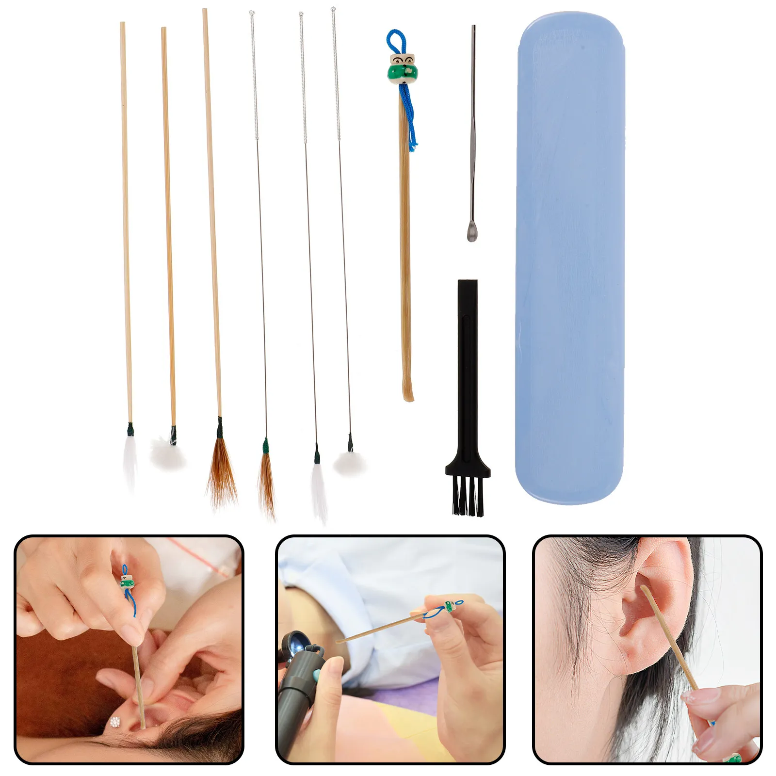 

1Set Ear Cleaning Tool Set Natural Wood Goose Hair Metal Ear Wax Removal Kit Safe Soothing Massage Portable Travel Home Use