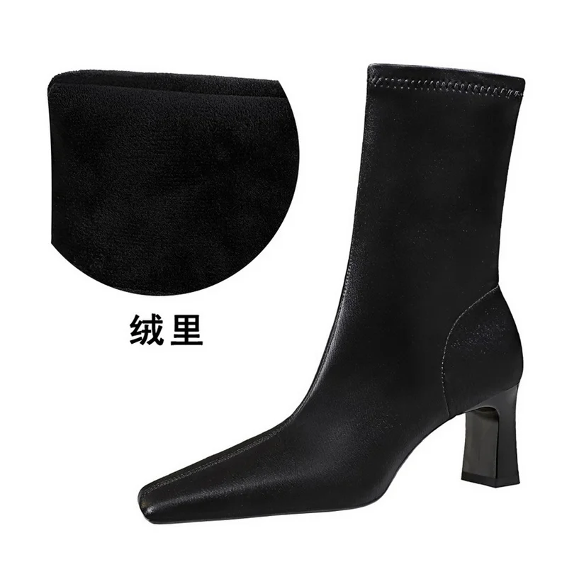 Fashion Simple Women's Ankle Boots Square Head Slim High Heel  Pu Leather Black Chunky Heels Autumn Winter Short Boots