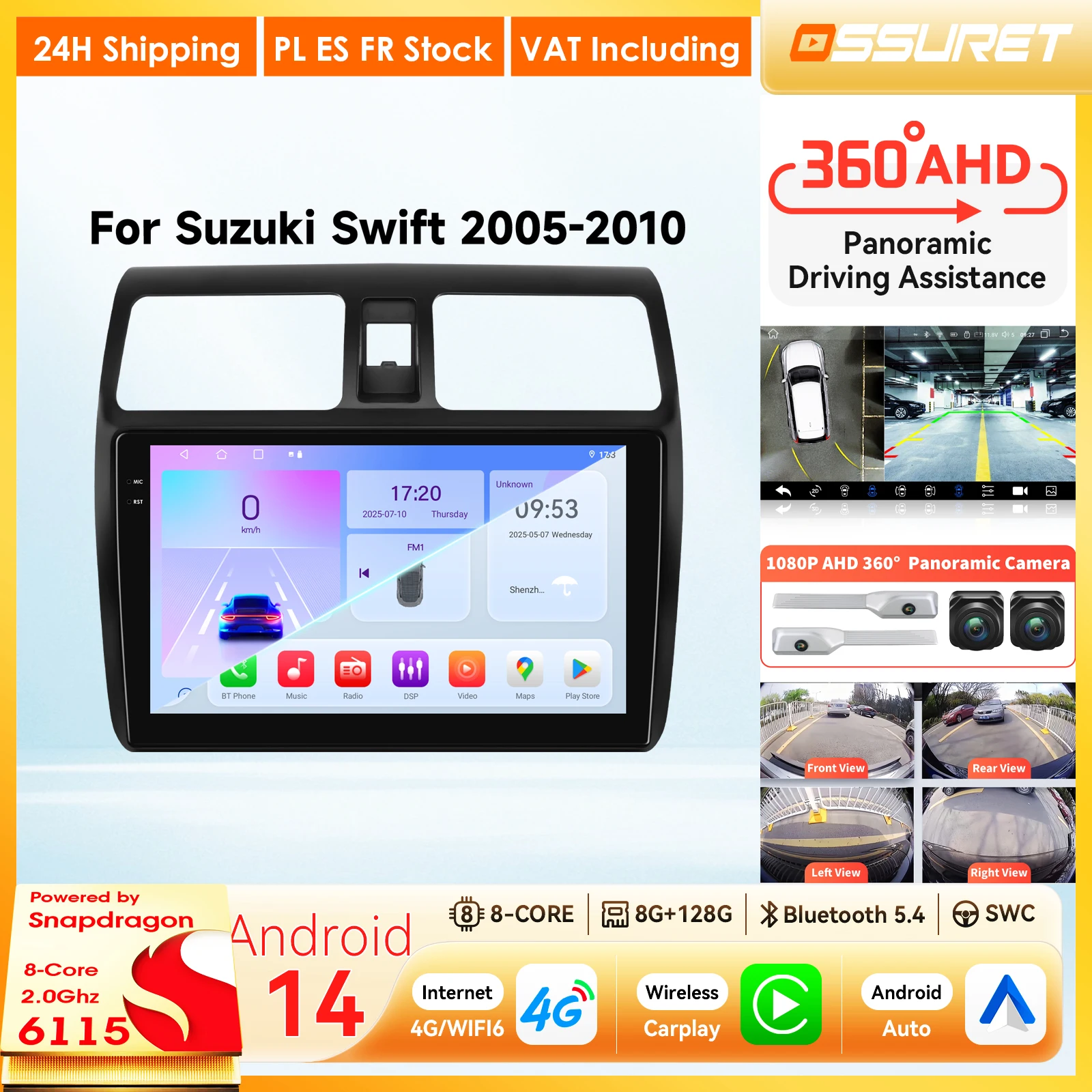 Autoradio Android per Suzuki Swift 2005 - 2010, sistema intelligente con CarPlay, lettore multimediale, 2Din, telecamera a 360°, 4G, WIFI, RDS, DSP, schermo.
