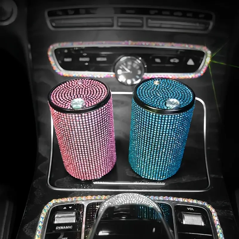 Bling Rhinestone Car Ashtray Smoke Cup Holder Multi-Functional Storage Cup Ash Tray Pink Car Accessories Interior for Women