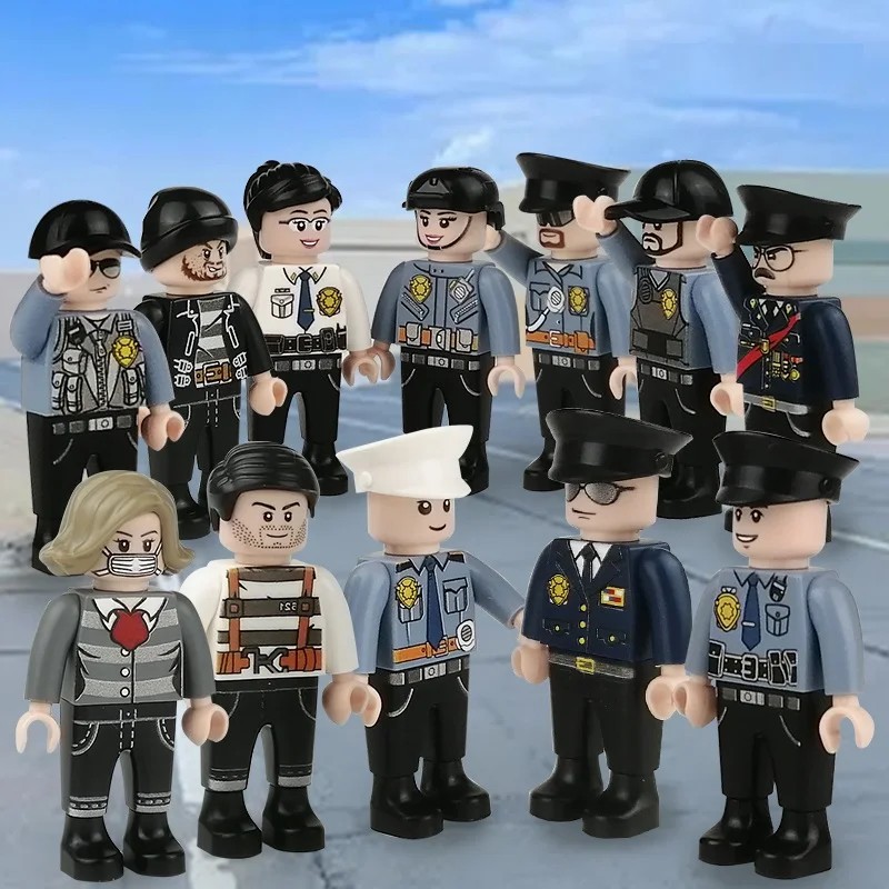 12pcs 4.5CM City Police Officer Thief Swat Mini Action Figures Parts NO Playmobil Building Blocks Educational Model Kids Toys