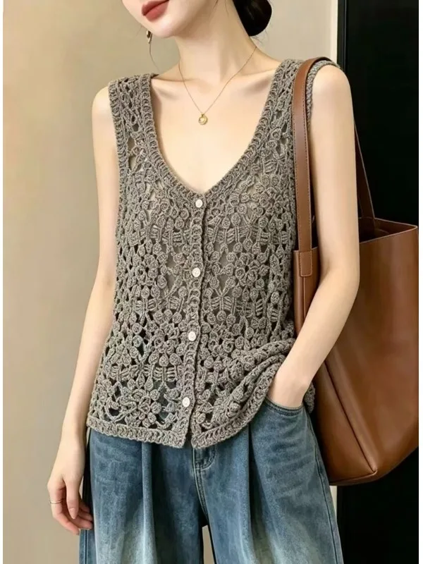 Authentic Korean Style V-Neck Open Cardigan Women's Hollow out Bohemian Style Outerwear Jacket Regular Length Sleeveless Top