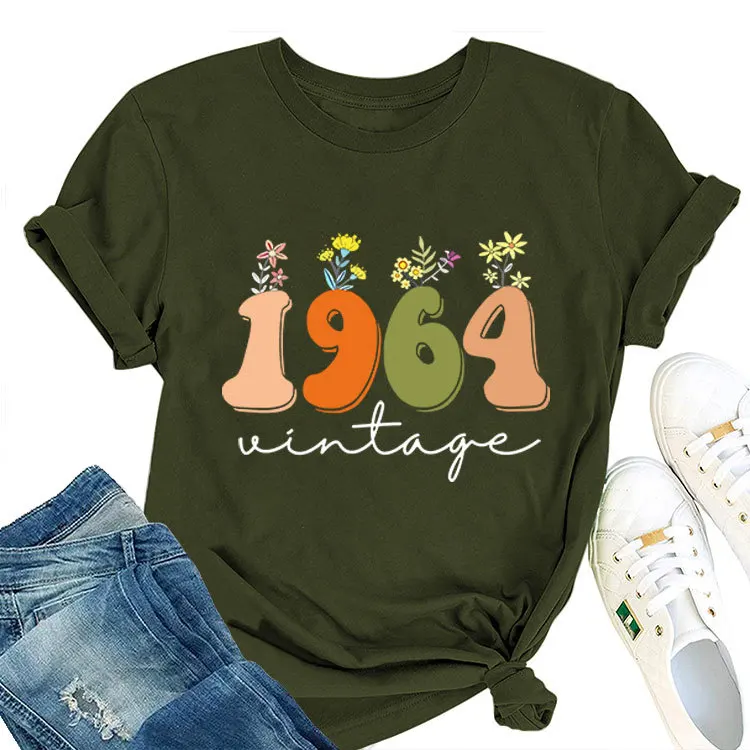 

Casual Loose short sleeve T-shirt 1964 vintage printed Summer Ladies O neck fashion top