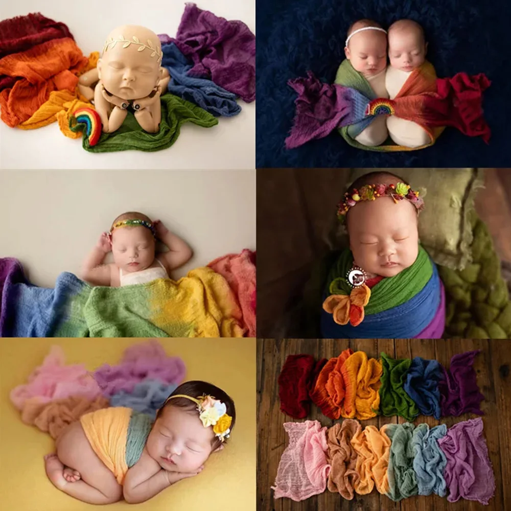 Regenboog Zacht Katoen Seersucker Stretch Baby Wraps Doek Pasgeboren Wraps Fotografie Studio Tie Dye Regenboog Baby Inbakerdeken