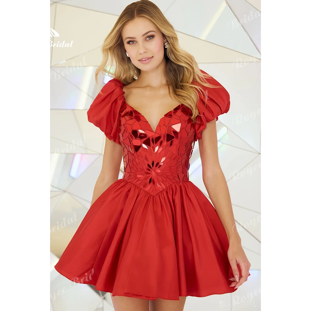 

Sweet V-Neck Puff Sleeve Mini Prom Dress Mirror Sequin Short Homecoming Dress Satin Bubble Hem Cocktail Dress Customized