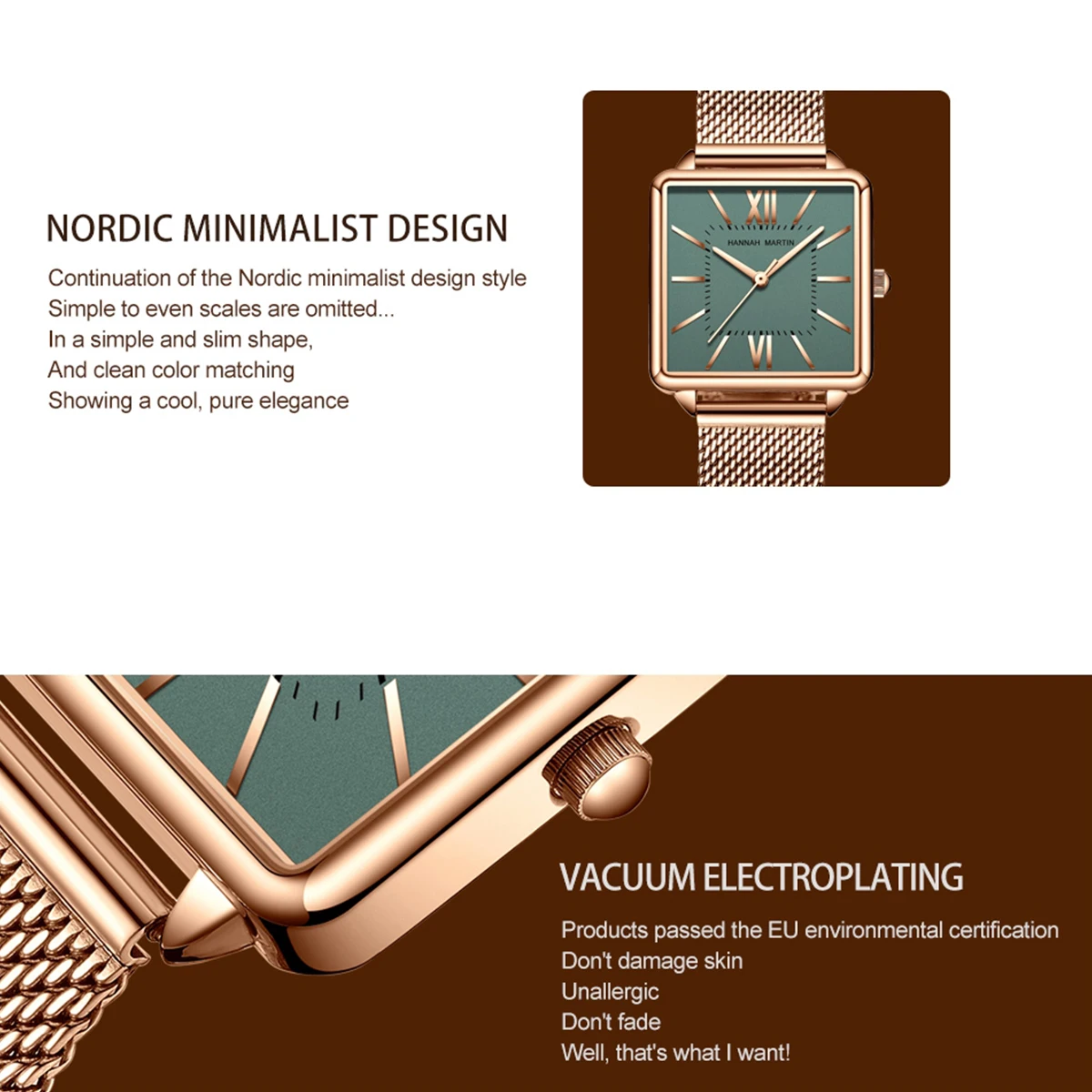 Reloj clásico Hannah Martin para mujer, cinturón cuadrado de malla de acero inoxidable a la moda con movimiento de cuarzo japonés, reloj de regalo para mujer