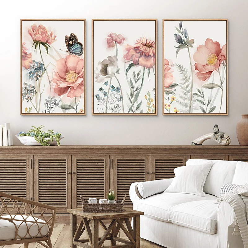3 szt. Różowe kwiaty i motyle na ścianę obrazy płótno artystyczne kwiat pozostawia kwiaty plakaty z nadrukiem zdjęciach wystrój domu sypialni