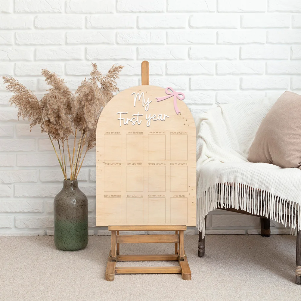 Pink Bow 1st Birthday Photo Board - Wooden Milestone Display for Baby Girls,1-12 Months, 
