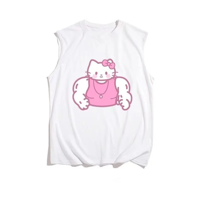 

Sanrio Pink Hello Kitty Muscle Version Creative White Black Vest Couple Sleeveless Summer T-shirt